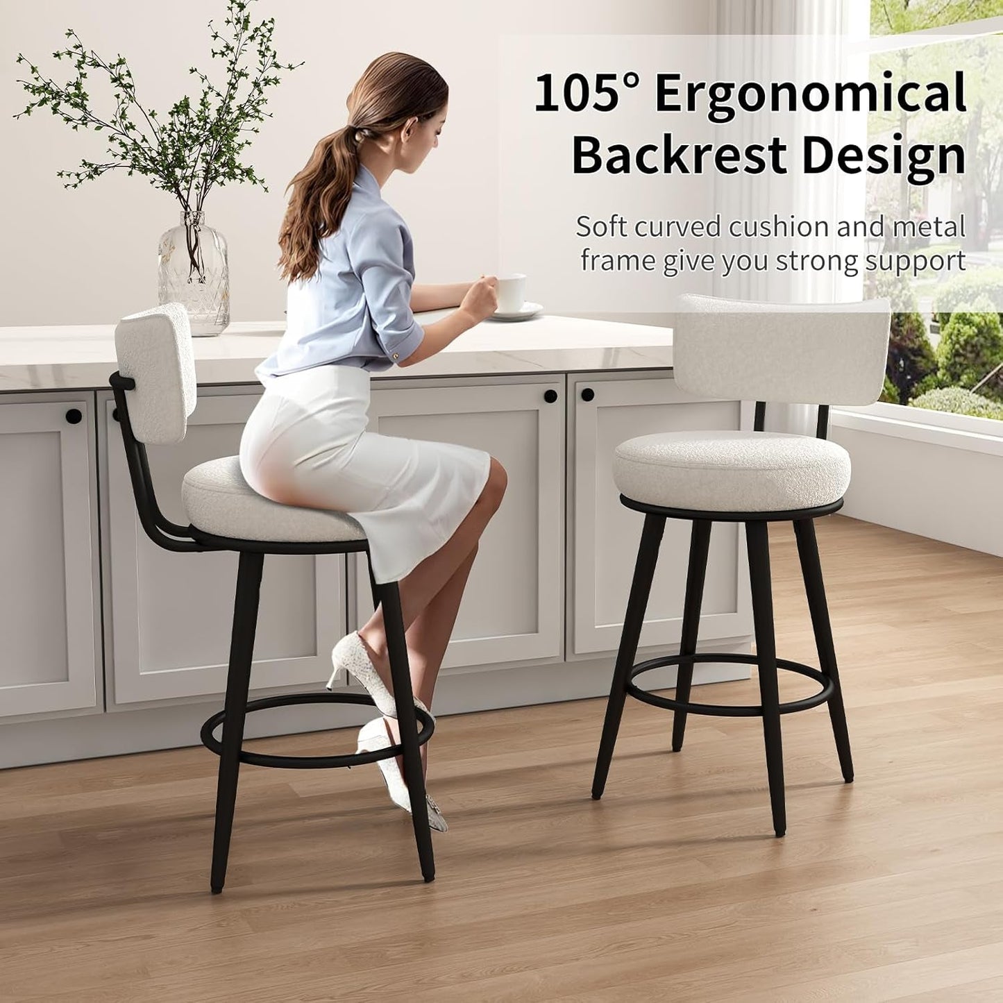 Bar Stools Set of 4, White Counter Height Barstools with Back, Kitchen Stools with Metal Legs and Footrest, Upholstered Pub Bar Chairs Kitchen Island (26", No Swivel)-4