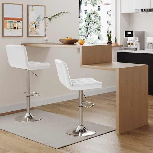 Bar Stools Modern Pu Leather Swivel Adjustable Hydraulic Bar Stool Square Counter Height Stool Set of 2 (White)-1