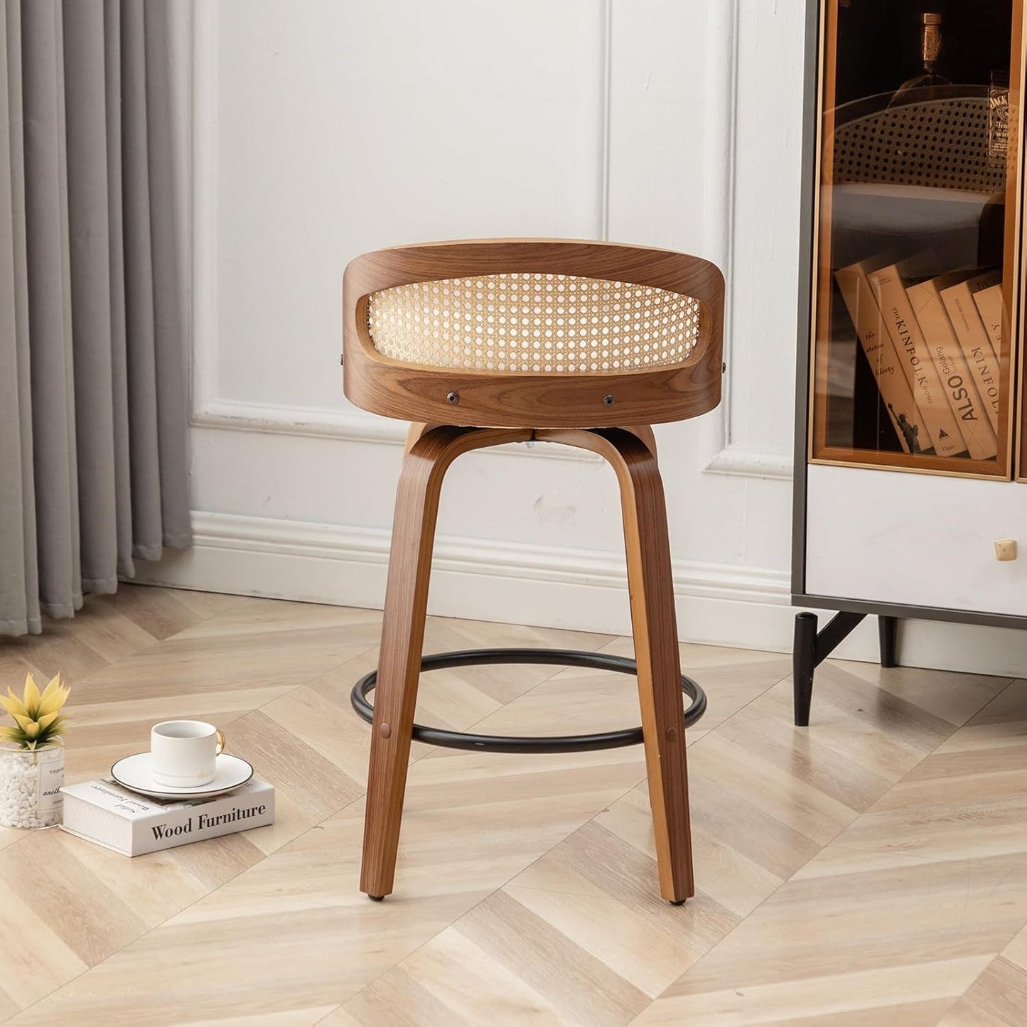 Mid-Century Modern Swivel Rattan Bar Stools Set-3