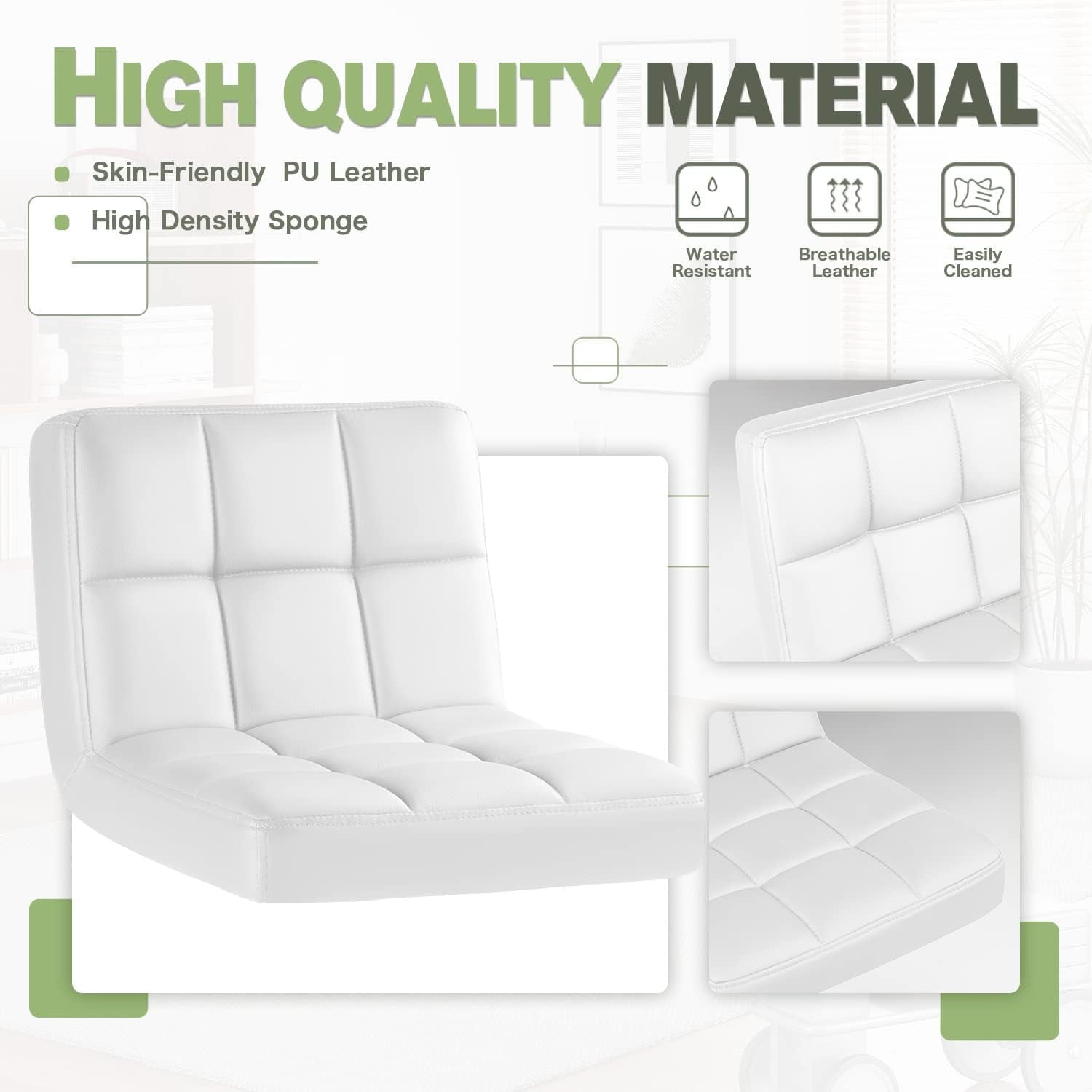 Bar Stools Modern Pu Leather Swivel Adjustable Hydraulic Bar Stool Square Counter Height Stool Set of 2 (White)-4