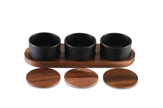 Black Ceramic Condiment Set on Acacia Wood Base 13" x 3.75"