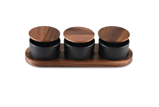 Black Ceramic Condiment Set on Acacia Wood Base 13" x 3.75"