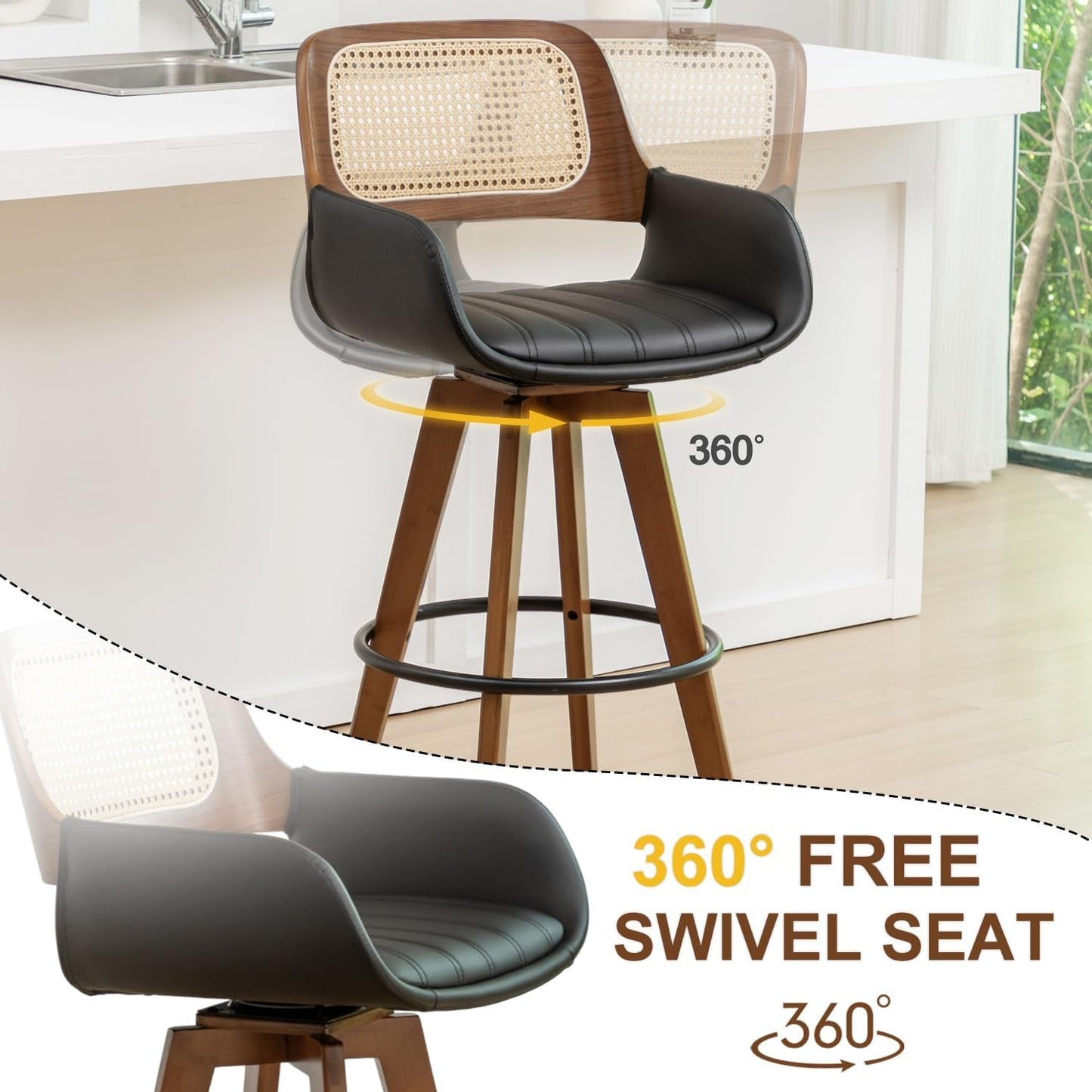 Rattan Swivel Bar Stools, Counter Height Bar Stools with Cane Back, Upholstered Seat, Faux Leather Upholstered Furniture for Island/Counter (Black, 29.7"-3 PCS)-2