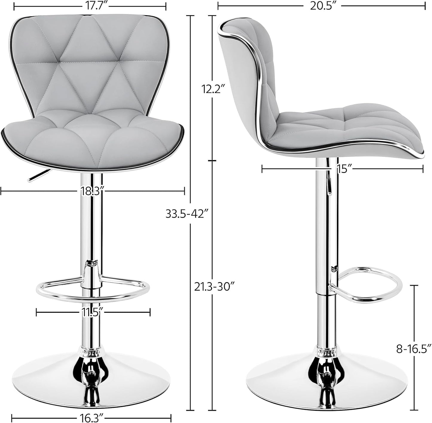 Bar Stools Set of 2, PU Leather Swivel Adjustable Barstools with Shell Back, Bar Chairs with Foma Padded for Home, Kitchen, Light Grey-2