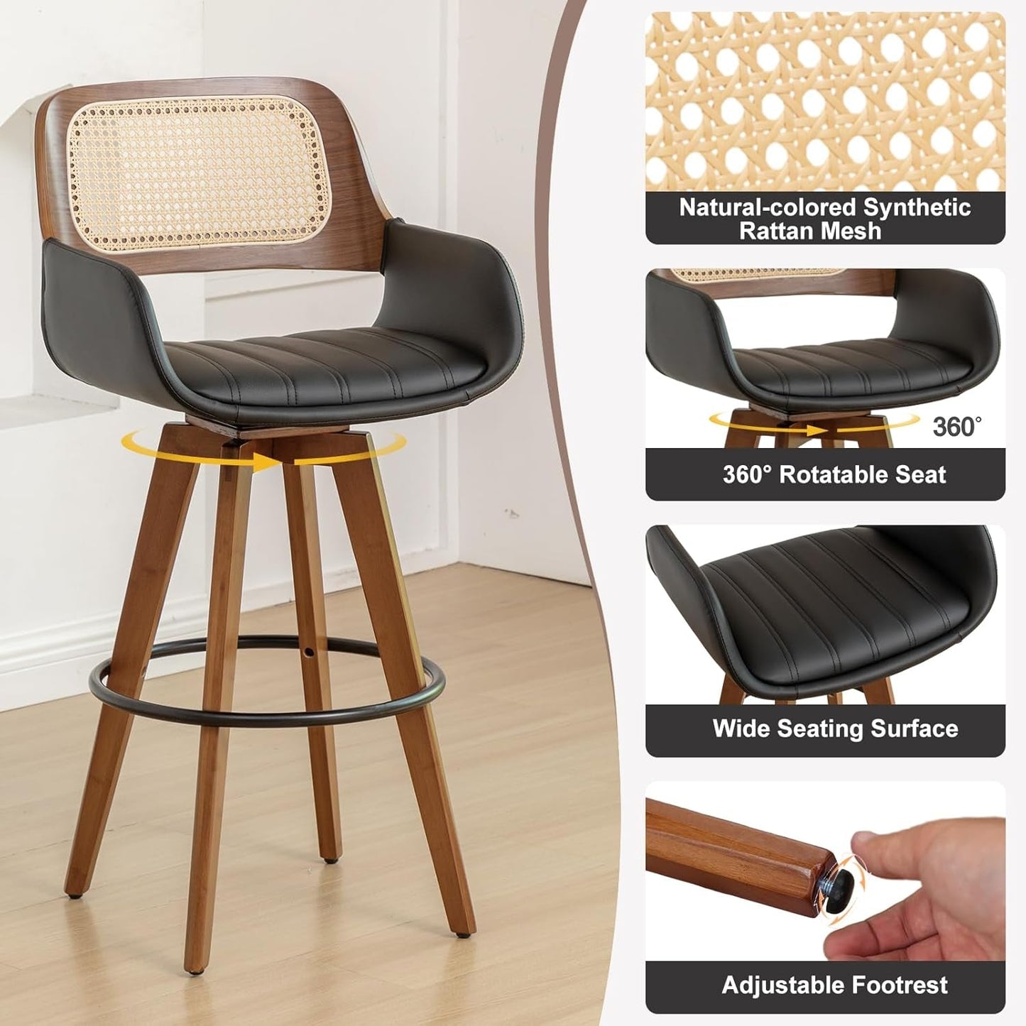 Rattan Swivel Bar Stools, Counter Height Bar Stools with Cane Back, Upholstered Seat, Faux Leather Upholstered Furniture for Island/Counter (Black, 29.7"-3 PCS)-4
