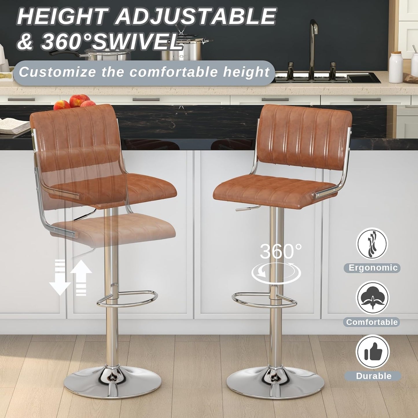 Adjustable Swivel Bar Stools Set of Two Brown-4