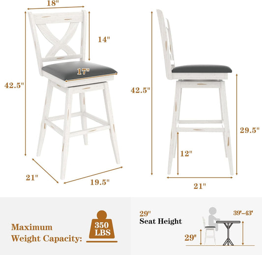 29" Swivel Bar Height Stools, High Back Swivel Bar Stools with Grey Faux Leather Upholstered Seat & Solid Wood Footrest, Counter Bar Chairs for Kitchen Island & Pub (Antique White, Set of 2)-1