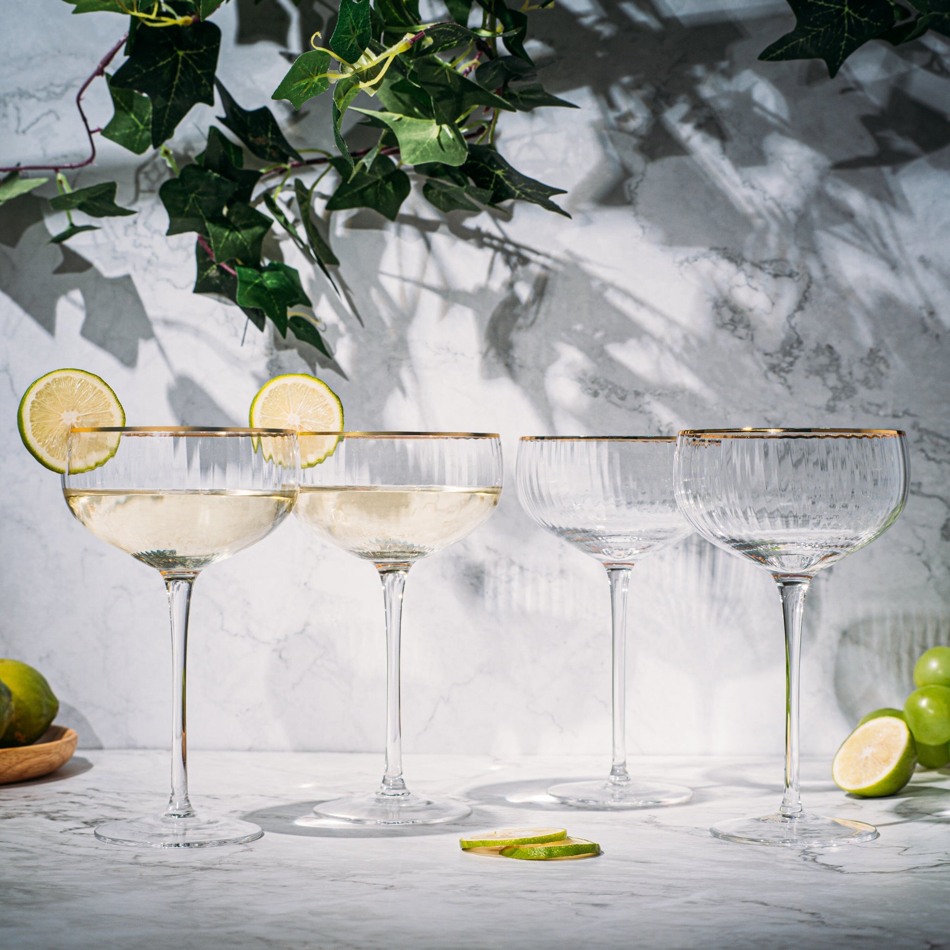 Gold Rim Glasses 7 oz, Set of 4 Gold Rim Classic Manhattan Glasses For Martini, Cocktails, Champagne, Wine - The Wine Savant (Ribbed)-3