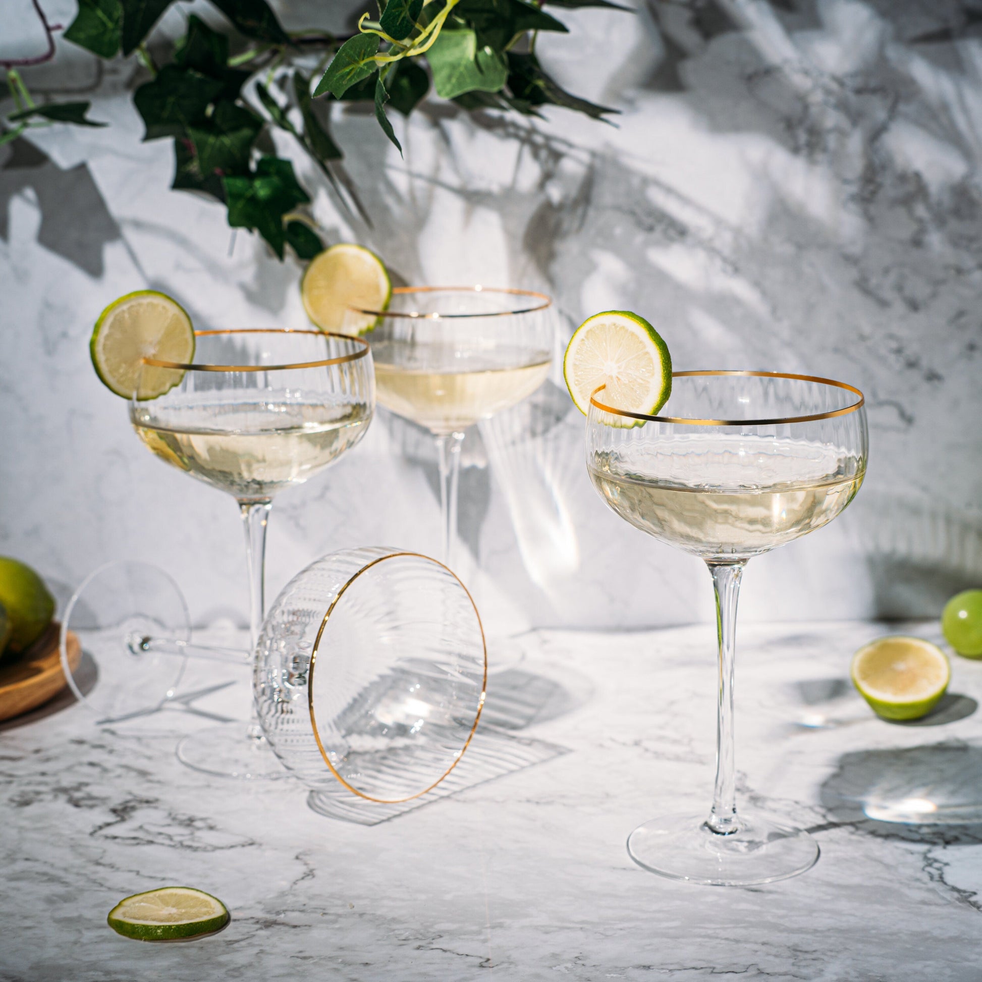 Gold Rim Glasses 7 oz, Set of 4 Gold Rim Classic Manhattan Glasses For Martini, Cocktails, Champagne, Wine - The Wine Savant (Ribbed)-2
