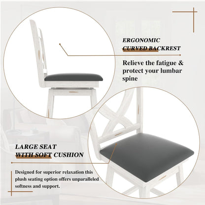29" Swivel Bar Height Stools, High Back Swivel Bar Stools with Grey Faux Leather Upholstered Seat & Solid Wood Footrest, Counter Bar Chairs for Kitchen Island & Pub (Antique White, Set of 2)-4