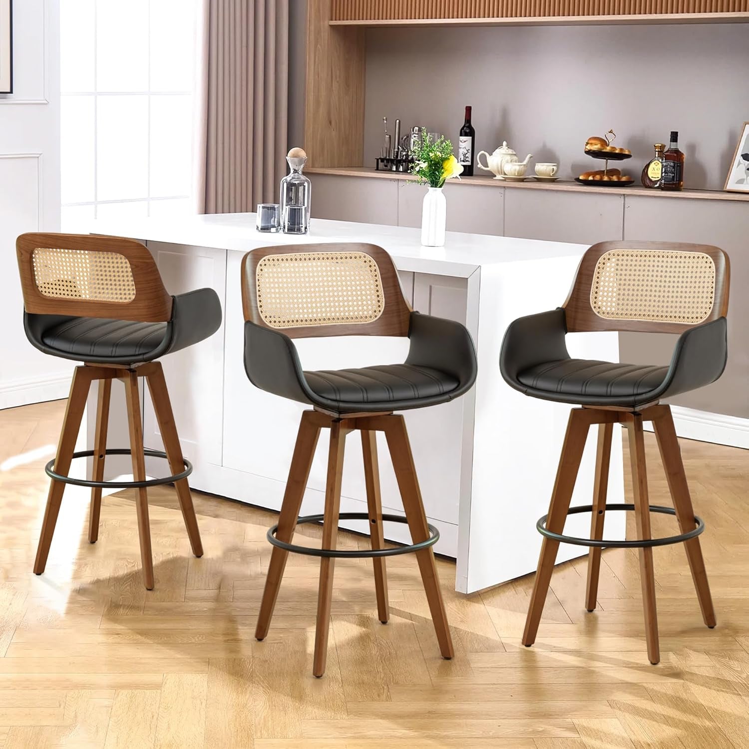 Rattan Swivel Bar Stools, Counter Height Bar Stools with Cane Back, Upholstered Seat, Faux Leather Upholstered Furniture for Island/Counter (Black, 29.7"-3 PCS)-0