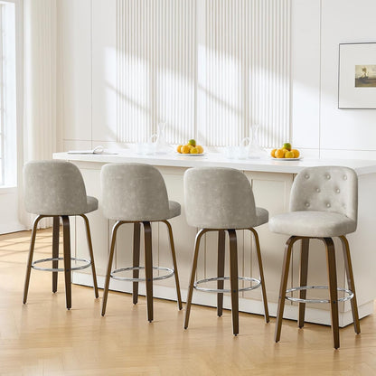 Bar Stools Set of 4, 26" Counter Height Swivel Bar Stools with Back,Walnut Bentwood Legs, Faux Leather Upholstered Counter Stools, Modern Counter Chairs Bar Stool for Kitchen Island, Griege-0