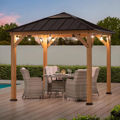 9x9 Cedar Framed Hardtop Gazebo Brown Steel Roof-0