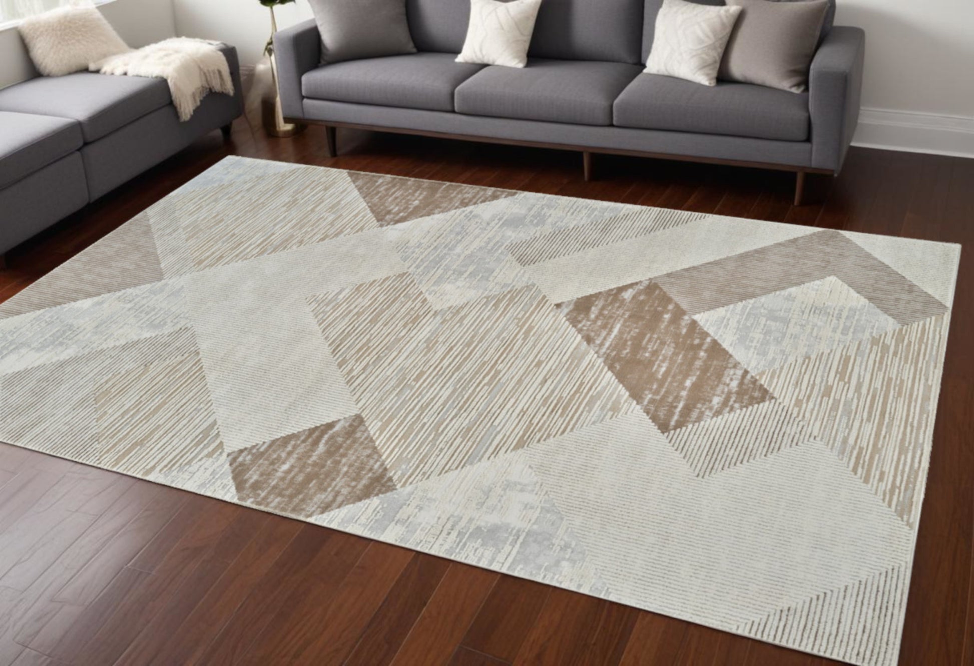 7' X 10' Beige and Brown Abstract Distressed Area Rug-1