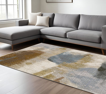 7' X 10' Beige And Rust Abstract Distressed Area Rug With Fringe-0