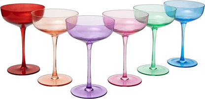 Colored Coupe Glasses | Set of 6 | 7 oz Classic Cocktail Glassware for Champagne, Martini, Manhattan, Cosmopolitan, Crystal Speakeasy Style Goblets Stems, Elegantly Color (Classic Multicolor)-3
