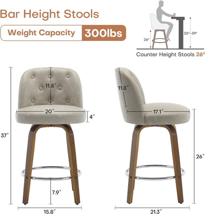 Bar Stools Set of 4, 26" Counter Height Swivel Bar Stools with Back,Walnut Bentwood Legs, Faux Leather Upholstered Counter Stools, Modern Counter Chairs Bar Stool for Kitchen Island, Griege-1