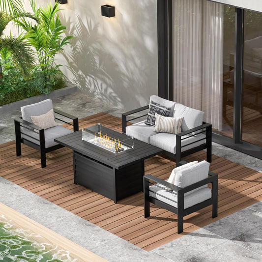 Aluminum Patio Furniture Set, 4 Piece Metal Outdoor Sofa Set with 54-INCH CSA Certified Propane Gas Fire Pit Table (Light Grey)-0