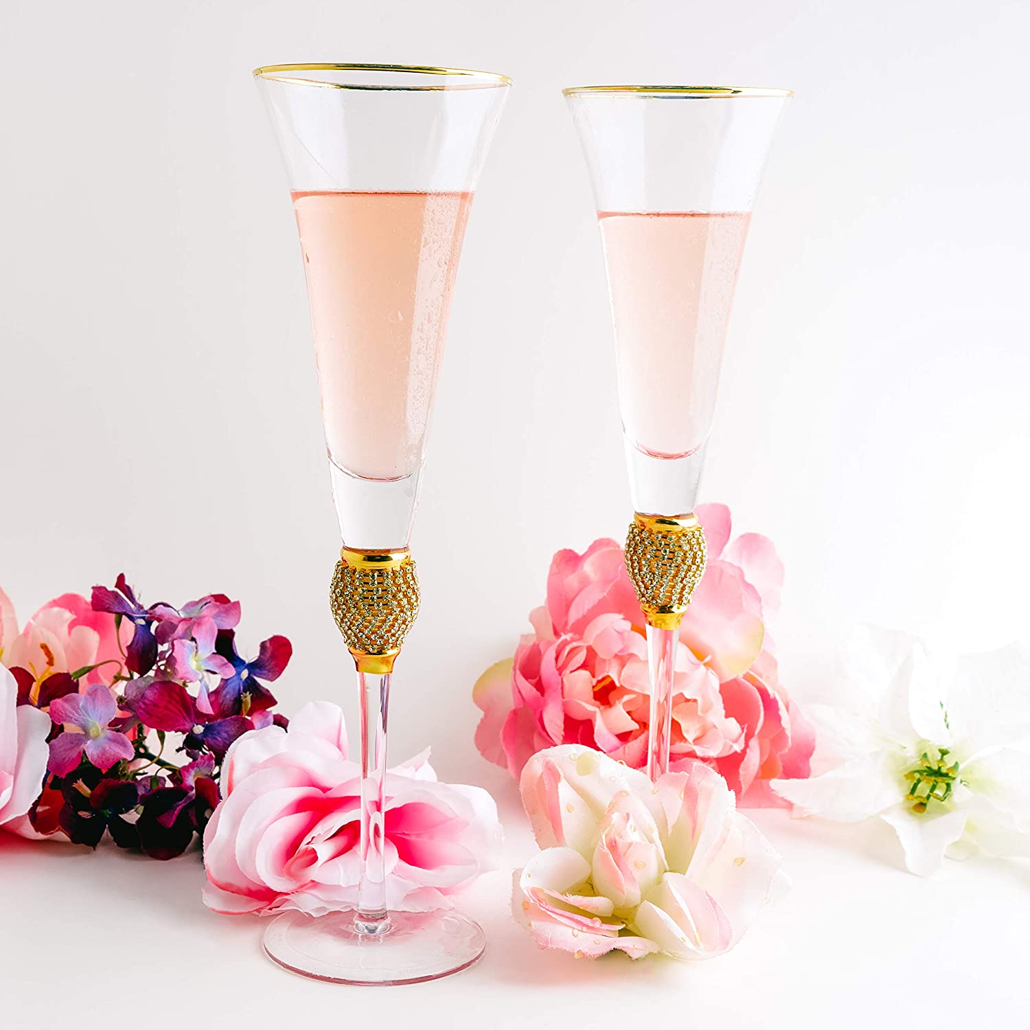 The Wine Savant Diamond Champagne Flutes Set of 2 Glasses, Dimond Rhinestone Studded Long Stem, 7oz, Premium Designed Champagne Glasses for Spirits and Wine, Gift Boxed-1