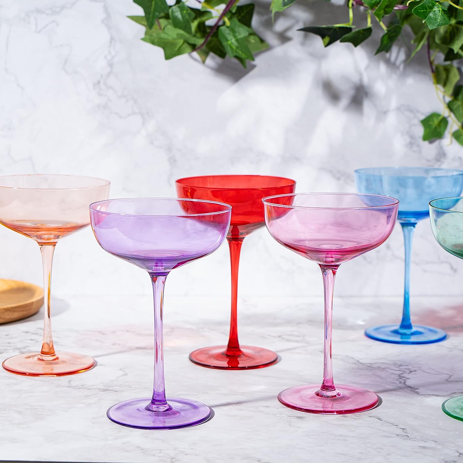 Colored Coupe Glasses | Set of 6 | 7 oz Classic Cocktail Glassware for Champagne, Martini, Manhattan, Cosmopolitan, Crystal Speakeasy Style Goblets Stems, Elegantly Color (Classic Multicolor)-2