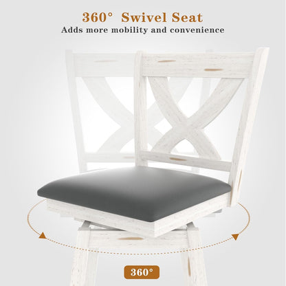 29" Swivel Bar Height Stools, High Back Swivel Bar Stools with Grey Faux Leather Upholstered Seat & Solid Wood Footrest, Counter Bar Chairs for Kitchen Island & Pub (Antique White, Set of 2)-3