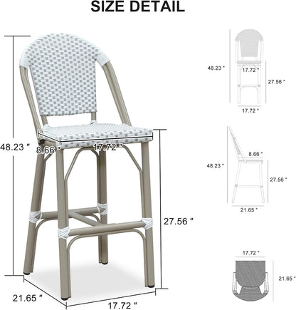 French Bar Stools Set of 2 Champagne Print Finish Outdoor Bar Stools with Back Rattan 27'' Patio Bar Stool for Pool Garden Kitchen Outdoor Barstool, White&Grey-2