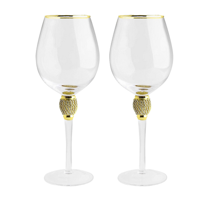 The Wine Savant Large Diamond Wine Glasses, Gold Rim Rhinestone Diamond Glasses - Wedding Glasses - 15 Ounce, Premium Designed Wine Glasses for Spirits and Wine, Gift Boxed (2, Clear)-0