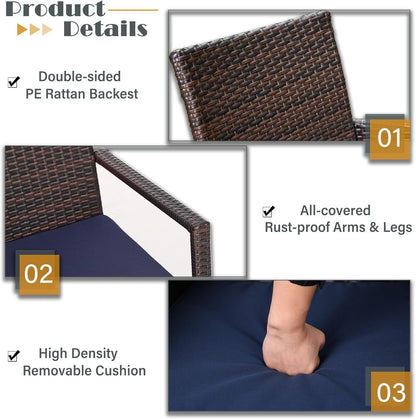 Patio Outdoor Table and Chairs Set with Umbrella Navy, Patio Dining Sets for 6, 7 Pieces Patio Table Set Clearance for Backyard Deck Porch Outside, Metal Table with Hole & Cushioned Rattan Chairs-3