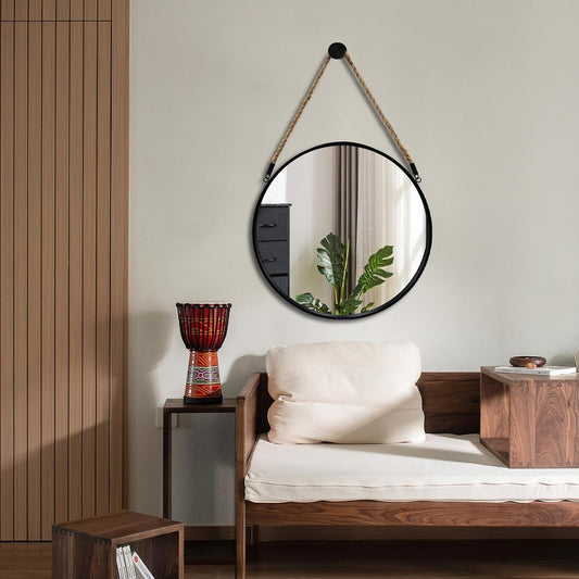 round Hanging Mirror - Wall Mirrors Decorative 20" Rope Mirror Black Metal Frame Circle Mirror Farmhouse Wall Mounted Mirror for Bathroom, Bedroom, Living Room, Entryway, Home Decor-1
