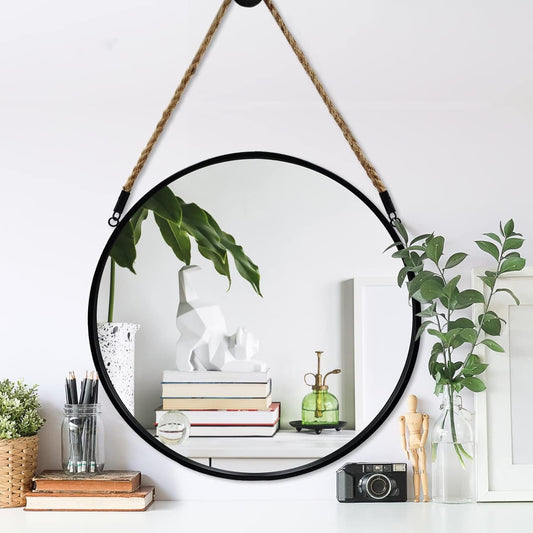 round Hanging Mirror - Wall Mirrors Decorative 20" Rope Mirror Black Metal Frame Circle Mirror Farmhouse Wall Mounted Mirror for Bathroom, Bedroom, Living Room, Entryway, Home Decor-0
