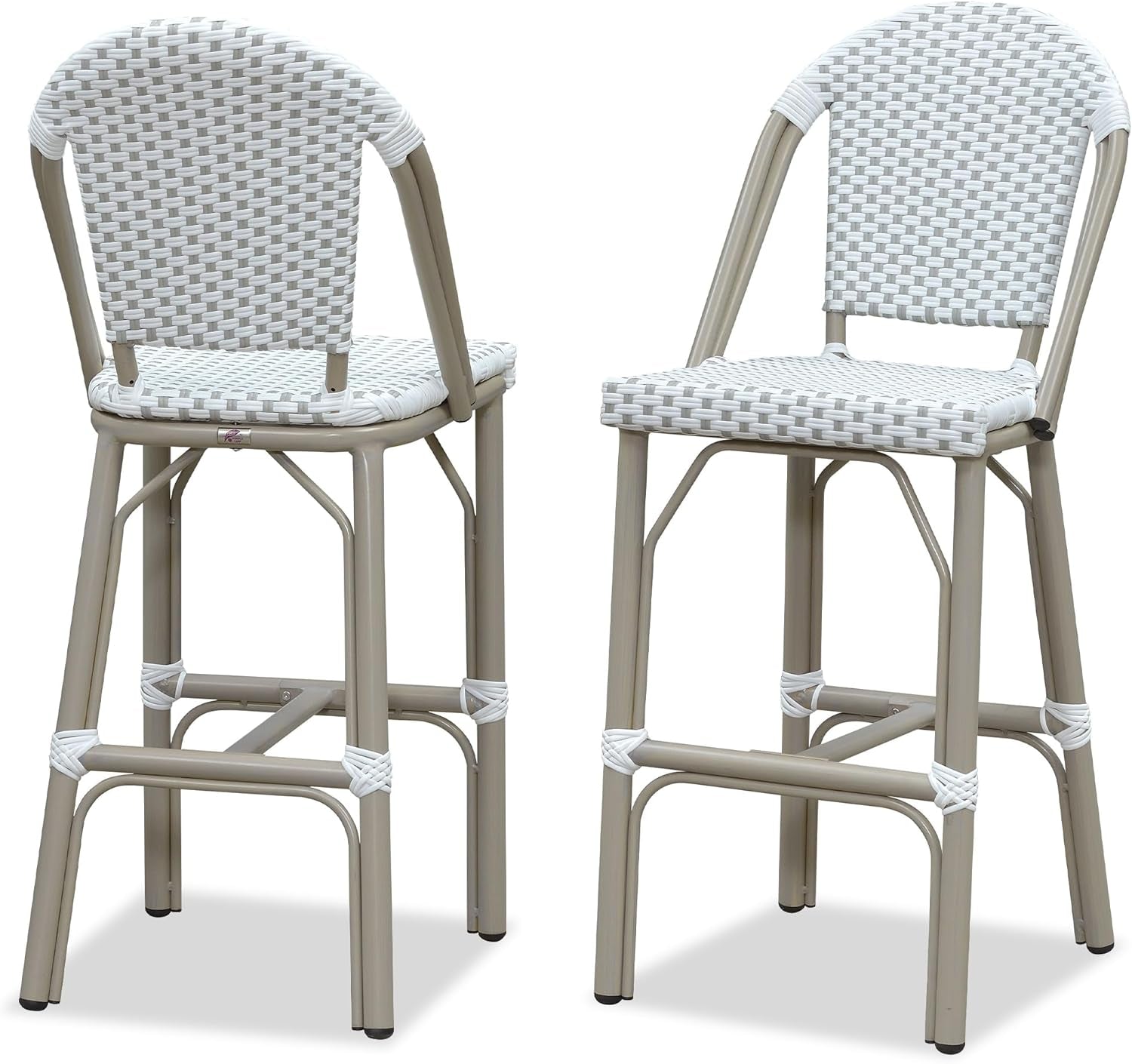 French Bar Stools Set of 2 Champagne Print Finish Outdoor Bar Stools with Back Rattan 27'' Patio Bar Stool for Pool Garden Kitchen Outdoor Barstool, White&Grey-0