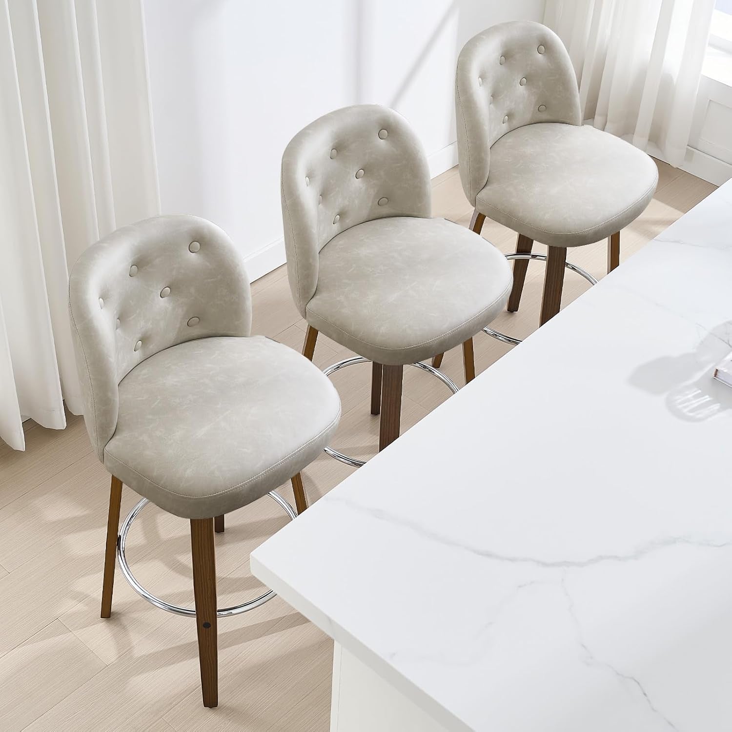 Bar Stools Set of 4, 26" Counter Height Swivel Bar Stools with Back,Walnut Bentwood Legs, Faux Leather Upholstered Counter Stools, Modern Counter Chairs Bar Stool for Kitchen Island, Griege-3