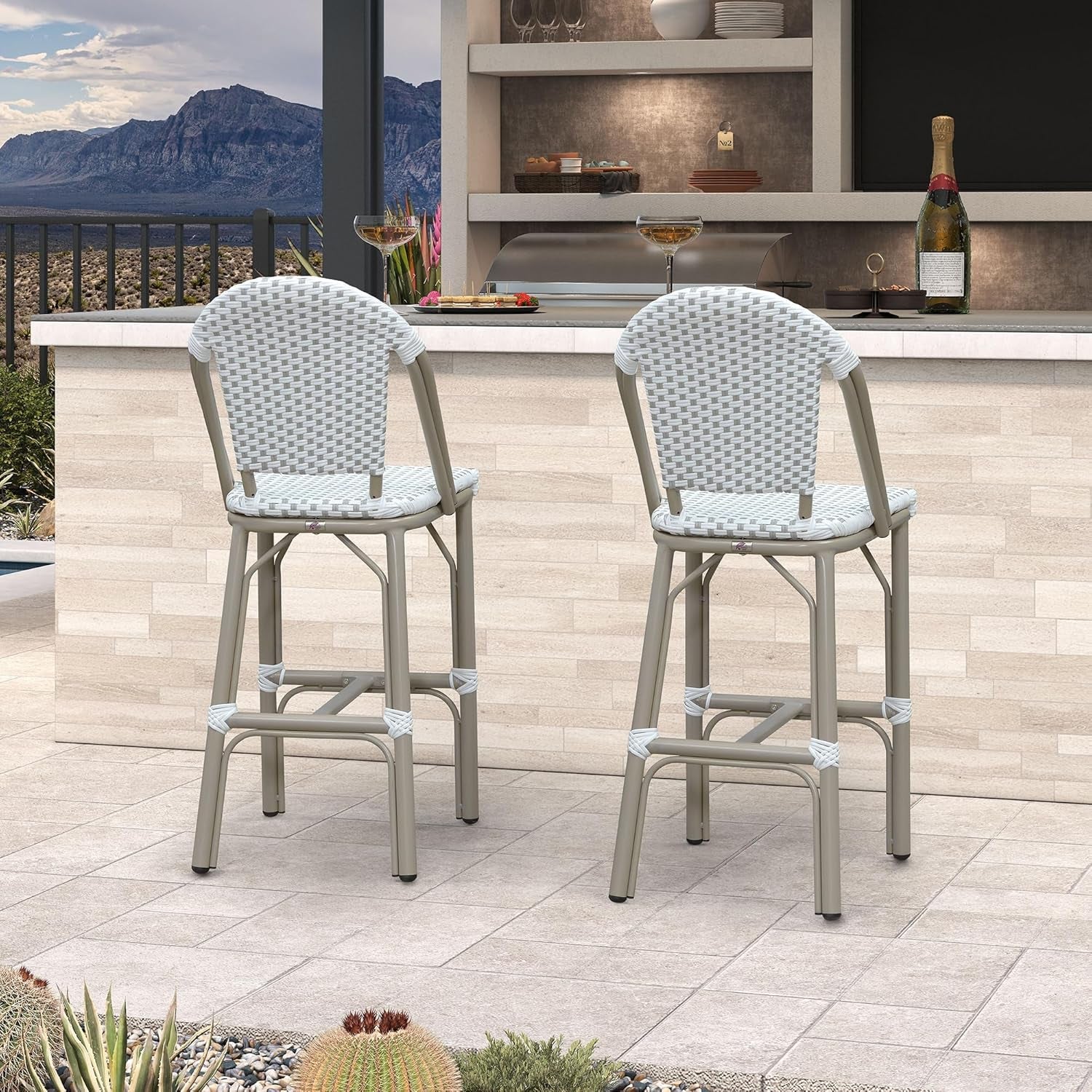 French Bar Stools Set of 2 Champagne Print Finish Outdoor Bar Stools with Back Rattan 27'' Patio Bar Stool for Pool Garden Kitchen Outdoor Barstool, White&Grey-3