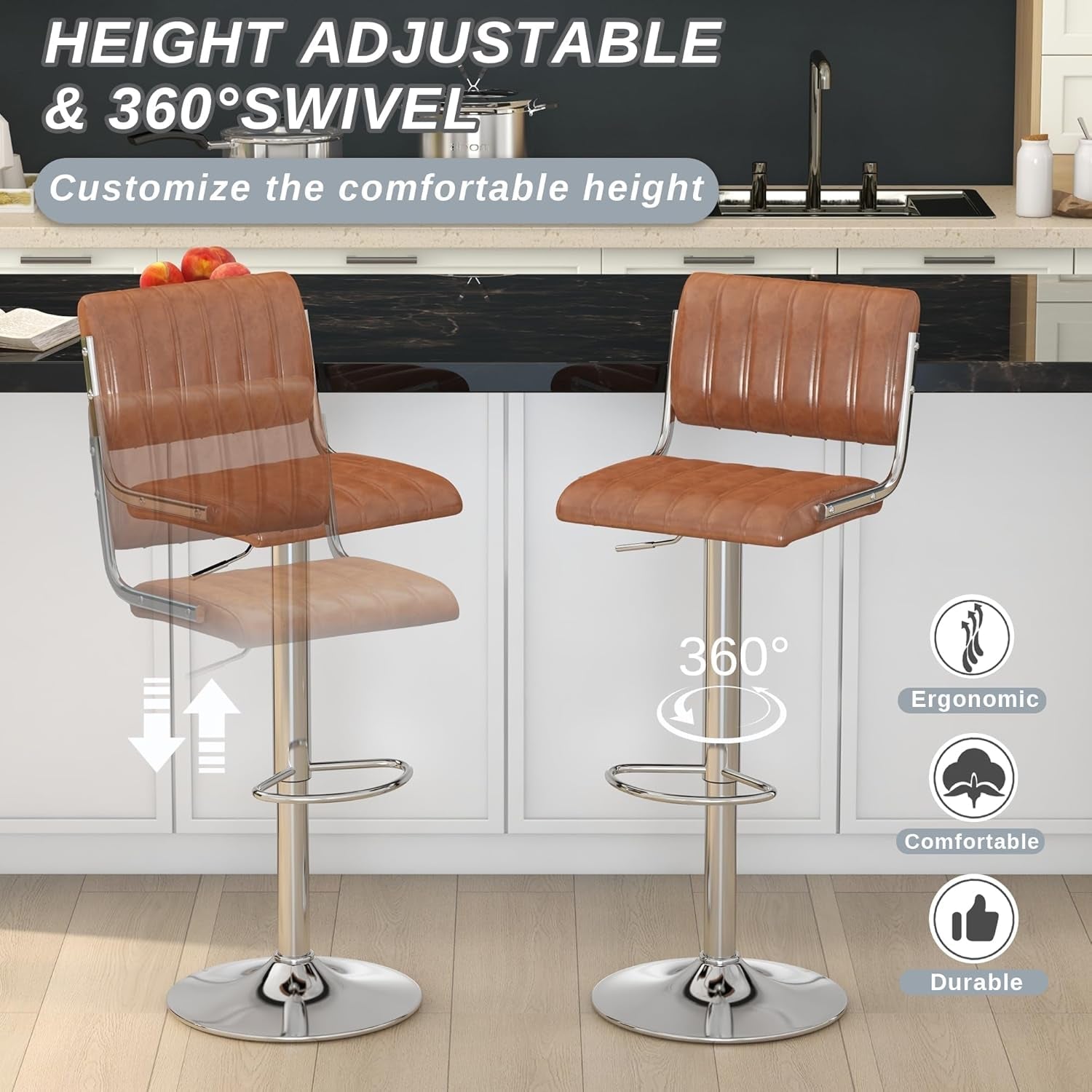 Adjustable Swivel Bar Stools Set of Two Brown-4