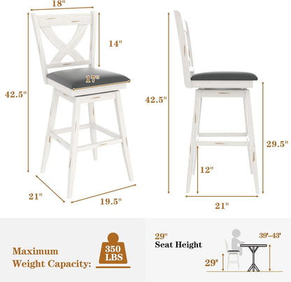 29" Swivel Bar Height Stools, High Back Swivel Bar Stools with Grey Faux Leather Upholstered Seat & Solid Wood Footrest, Counter Bar Chairs for Kitchen Island & Pub (Antique White, Set of 2)-1